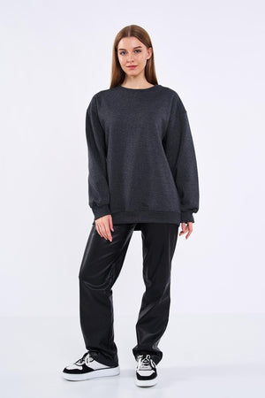 Antrasit Kadın Pamuklu Oversize Basic Bisiklet Yaka Sweatshirt - MMETALIC