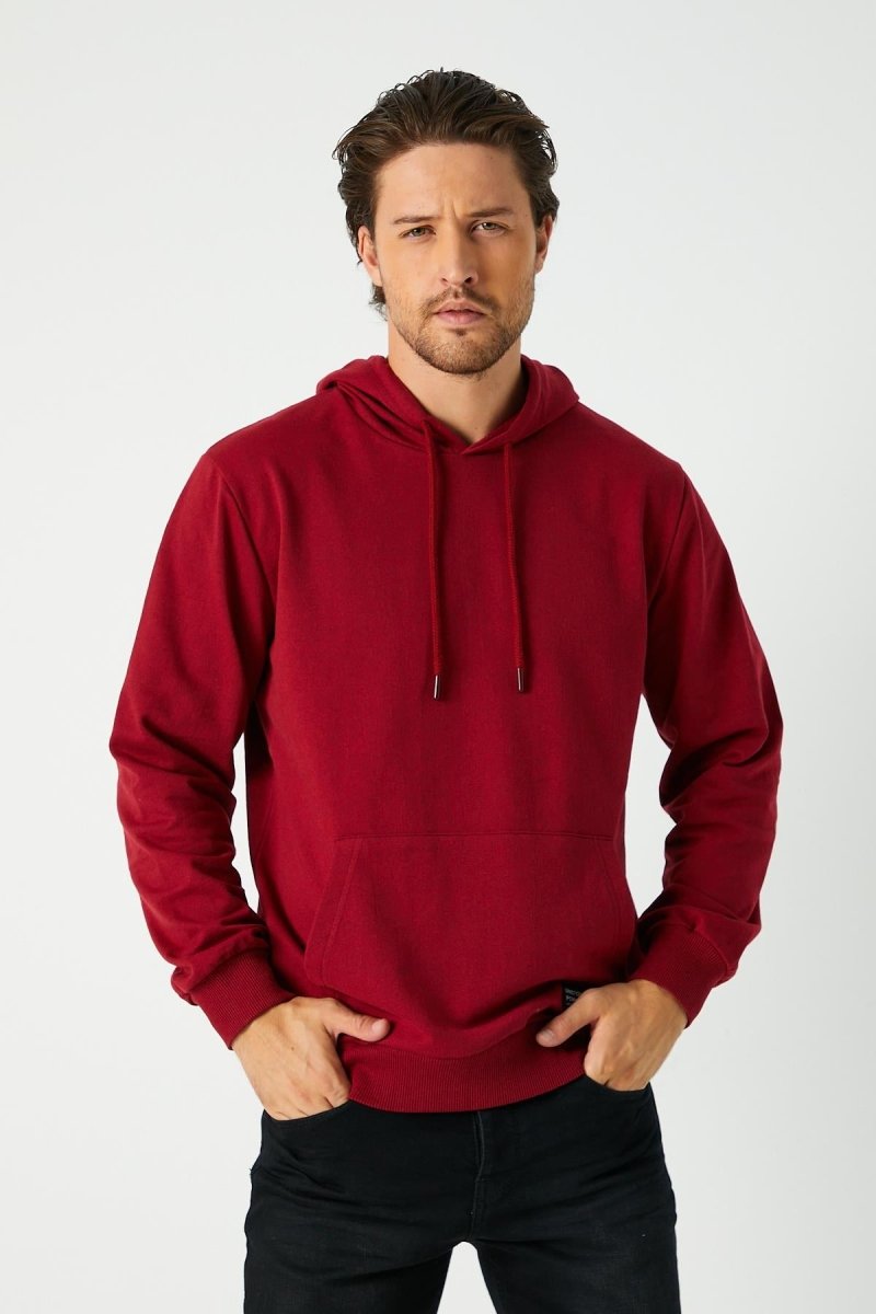 Bordo Erkek Kapüşonlu Kanguru Cepli Sweatshirt - MMETALIC