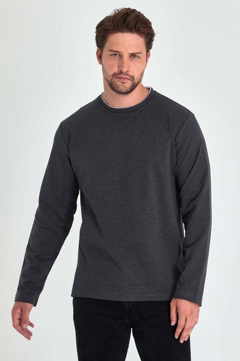 Erkek Antrasit Çift Bisiklet Yaka Standart Rahat Kesim Sweatshirt - MMETALIC