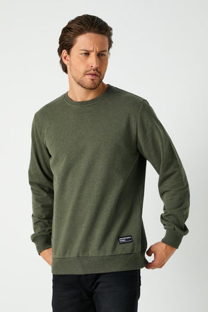 Erkek Basic Bisiklet Yaka Haki Sweatshirt - MMETALIC