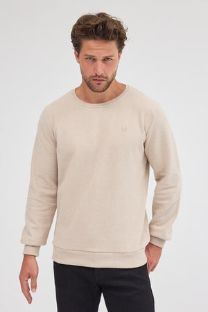 Erkek Bej Standart Fit Normal Kesim Pamuklu Basic Bisiklet Yaka Sweatshirt MTLCE113 - Bej - MMETALIC