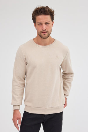 Erkek Bej Standart Fit Normal Kesim Pamuklu Basic Bisiklet Yaka Sweatshirt MTLCE113 - Bej - MMETALIC