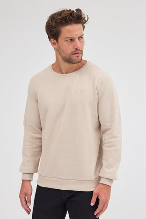 Erkek Bej Standart Fit Normal Kesim Pamuklu Basic Bisiklet Yaka Sweatshirt MTLCE113 - Bej - MMETALIC