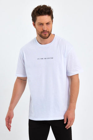 Erkek Beyaz Baskılı Basic Oversize Bisiklet Yaka Kısa Kollu T-shirt - MMETALIC