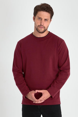Erkek Bordo Çift Bisiklet Yaka Standart Rahat Kesim Sweatshirt MTLCE68 - BORDO - MMETALIC