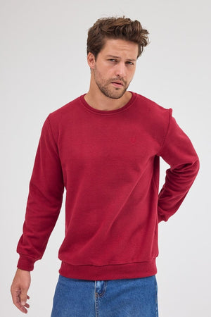 Erkek Bordo Standart Fit Normal Kesim Pamuklu Basic Bisiklet Yaka Sweatshirt MTLCE113 - Bordo - MMETALIC