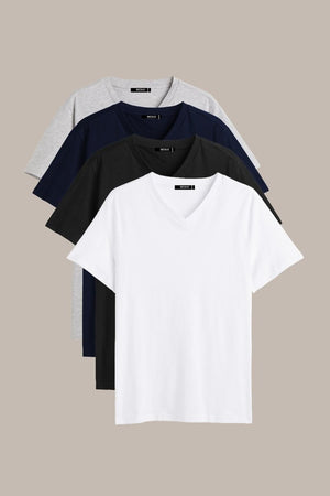 Erkek Çok Renkli T-Shirt Regular Fit Rahat Kesim V Yaka 4'lü Basic Tişört Paketi - MMETALIC