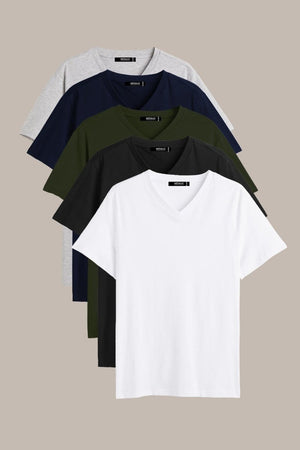 Erkek Çok Renkli T-Shirt Regular Fit Rahat Kesim V Yaka 5'li Basic Tişört Paketi - MMETALIC
