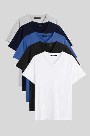 Erkek Çok Renkli T-Shirt Regular Fit Rahat Kesim V Yaka 5'li Basic Tişört Paketi - MMETALIC
