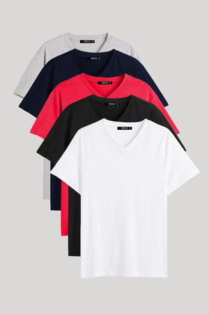 Erkek Çok Renkli T-Shirt Regular Fit Rahat Kesim V Yaka 5'li Basic Tişört Paketi - MMETALIC