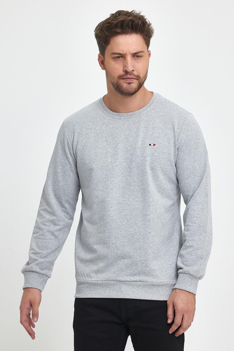 Erkek Gri Bisiklet Yaka Nakış Detaylı Regular Fit Sweatshirt - MMETALIC