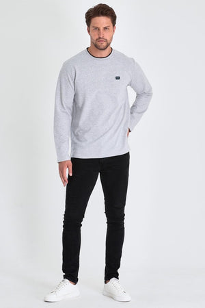 Erkek Gri Çift Bisiklet Yaka Baskı Detaylı Standart Rahat Kesim Sweatshirt - MMETALIC