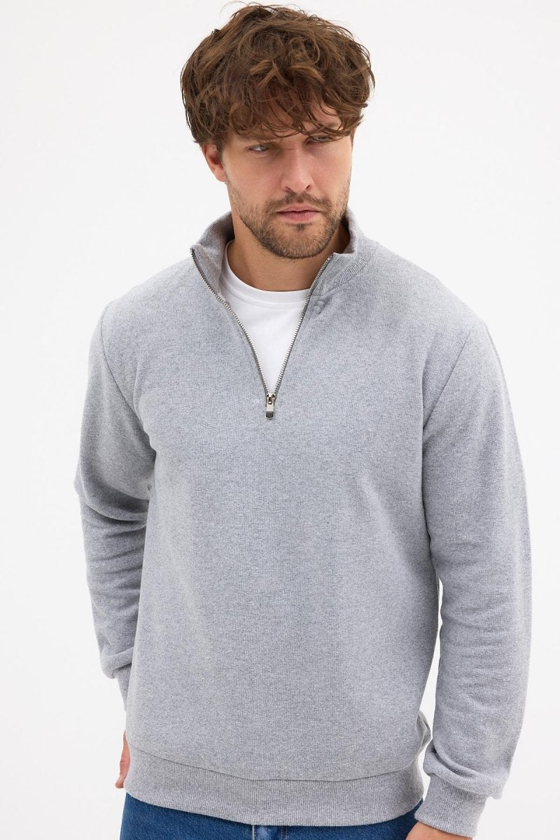 Erkek Gri Standart Fit Normal Kesim Pamuklu Yarım Fermuarlı Dik Yaka Pamuklu Sweatshirt - MMETALIC
