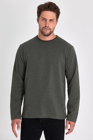 Erkek Haki Çift Bisiklet Yaka Standart Rahat Kesim Sweatshirt - MMETALIC
