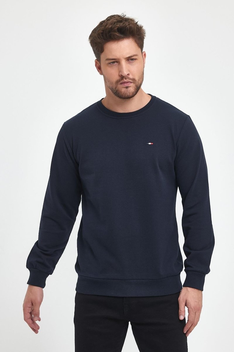 Erkek Lacivert Bisiklet Yaka Nakış Detaylı Regular Fit Sweatshirt - MMETALIC