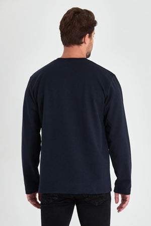 Erkek Lacivert Çift Bisiklet Yaka Baskı Detaylı Standart Rahat Kesim Sweatshirt - MMETALIC