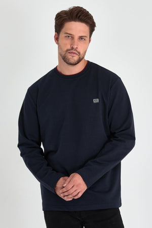 Erkek Lacivert Çift Bisiklet Yaka Baskı Detaylı Standart Rahat Kesim Sweatshirt - MMETALIC