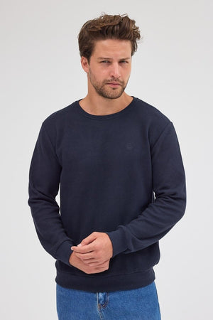 Erkek Lacivert Standart Fit Normal Kesim Pamuklu Basic Bisiklet Yaka Sweatshirt MTLCE113 - Lacivert - MMETALIC