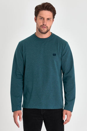 Erkek Petrol Çift Bisiklet Yaka Baskı Detaylı Standart Rahat Kesim Sweatshirt - MMETALIC