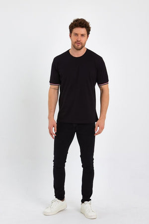 Erkek Siyah Basic Kolları Şeritli %100 Pamuk Bisiklet Yaka Regular Fit T-shirt - MMETALIC