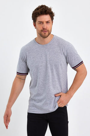Erkek Siyah Basic Kolları Şeritli %100 Pamuk Bisiklet Yaka Regular Fit T-shirt - MMETALIC