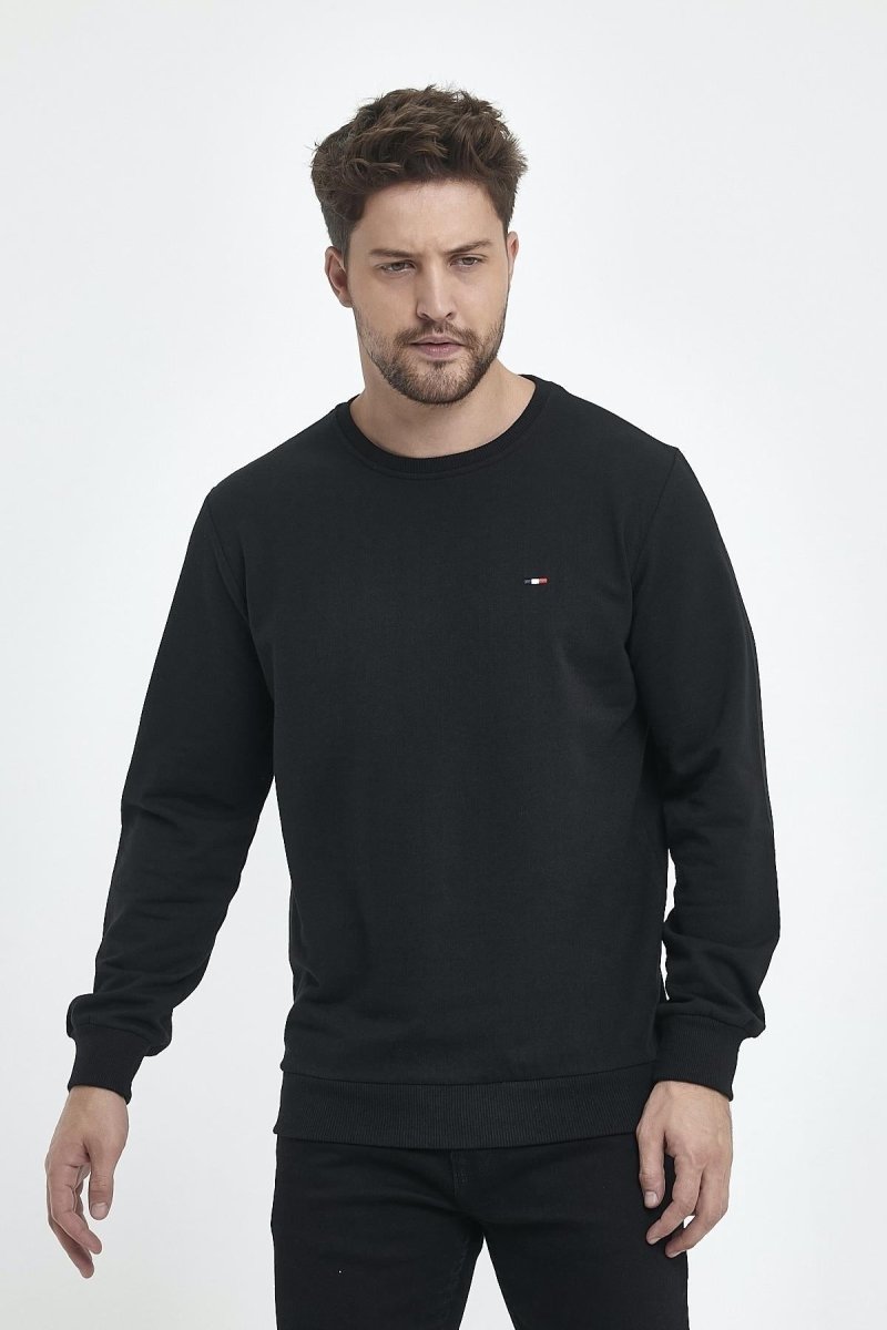 Erkek Siyah Bisiklet Yaka Nakış Detaylı Regular Fit Sweatshirt - MMETALIC