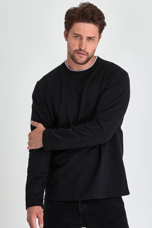 Erkek Siyah Çift Bisiklet Yaka Standart Rahat Kesim Sweatshirt MTLCE68 - SİYAH - MMETALIC