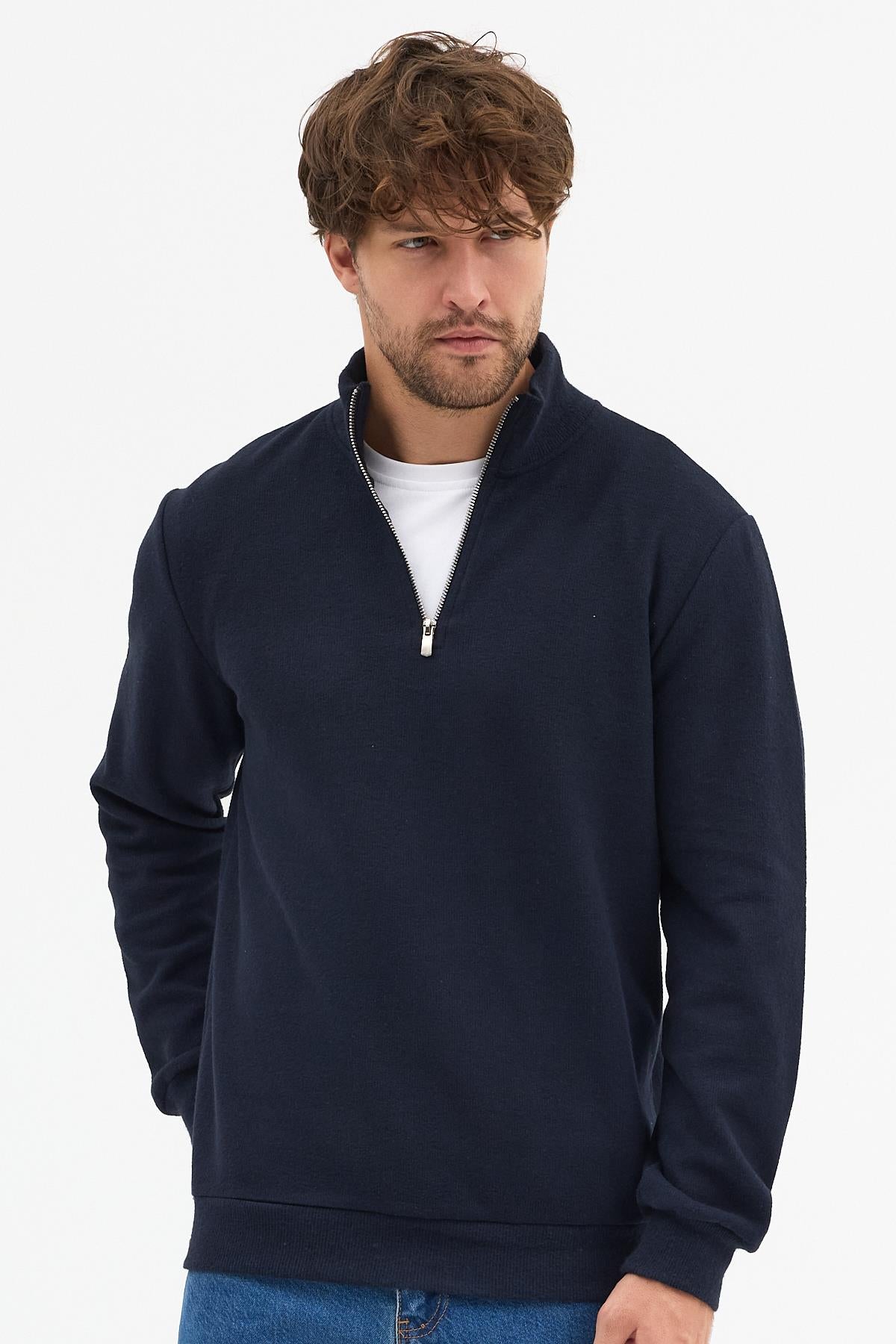 Erkek Lacivert Standart Fit Normal Kesim Pamuklu Yarım Fermuarlı Dik Yaka Pamuklu Sweatshirt