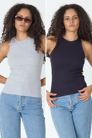 Fitilli Regular Fit Normal Kalıp Siyah - Beyaz Bisiklet Yaka Sıfır Kol Pamuklu 2'li Kadın Atlet - MMETALIC