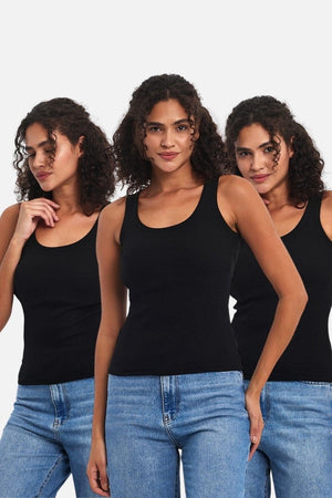 Fitilli Siyah Crop Havuz Yaka Sıfır Kol Pamuklu 3'lü Kadın Atlet MTLCB92 - MMETALIC