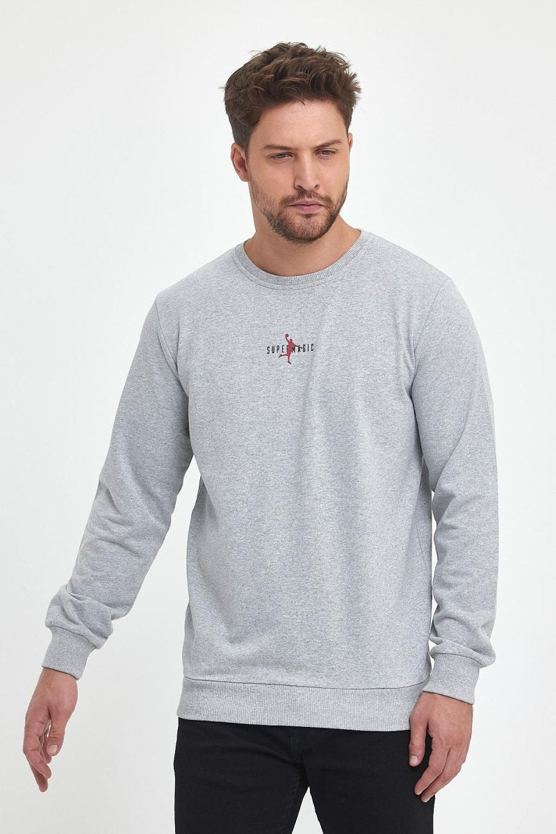 Gri Erkek Supermagic Göğüs Baskılı Basic Sweatshirt - MMETALIC