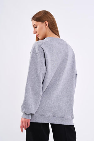 Gri Kadın Pamuklu Oversize Basic Bisiklet Yaka Sweatshirt - MMETALIC