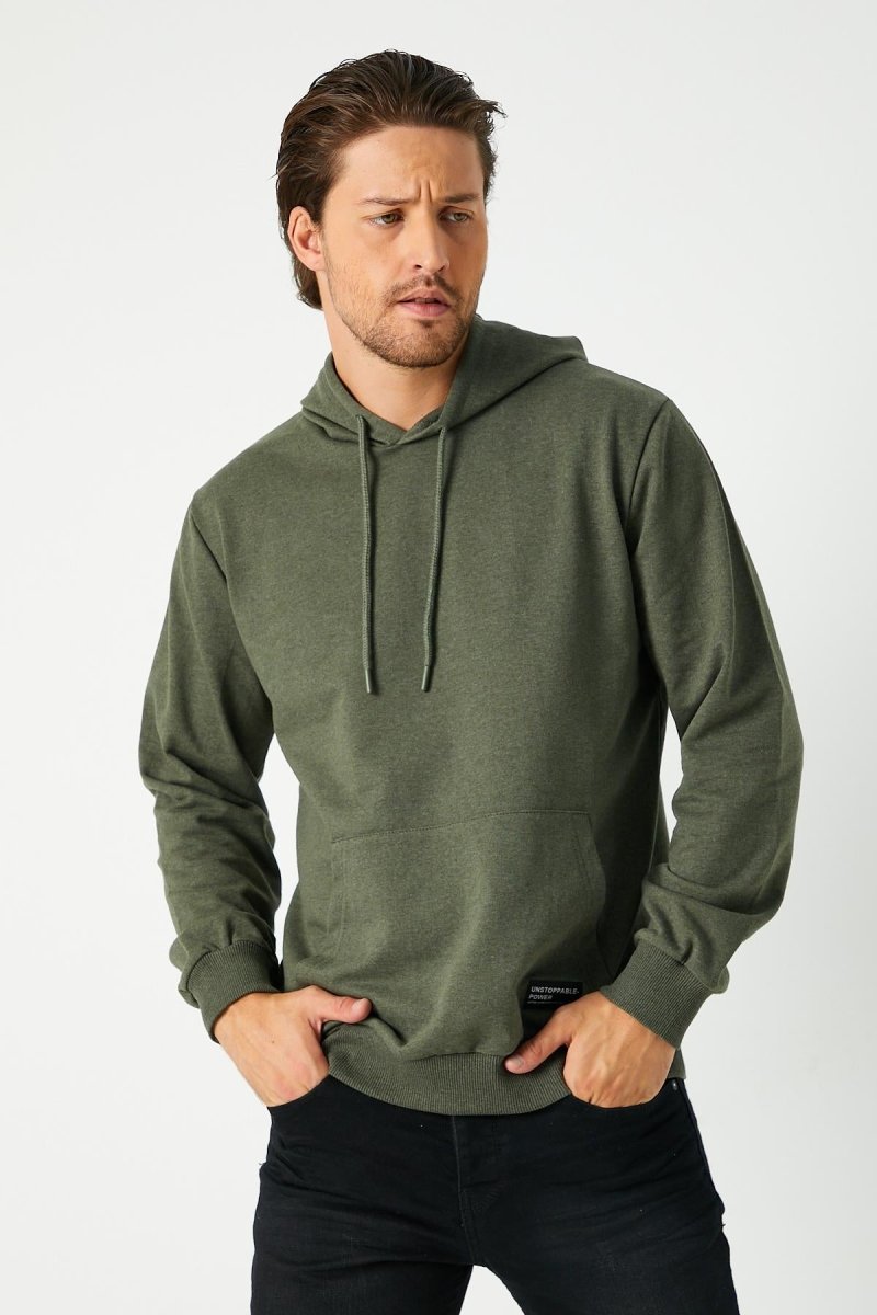 Haki Erkek Kapüşonlu Kanguru Cepli Sweatshirt - MMETALIC