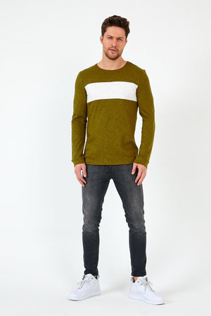 Haki Unisex Regular Fit Bisiklet Yaka Uzun Kollu Şeritli Sweat MTLC0 - H1 - MMETALIC