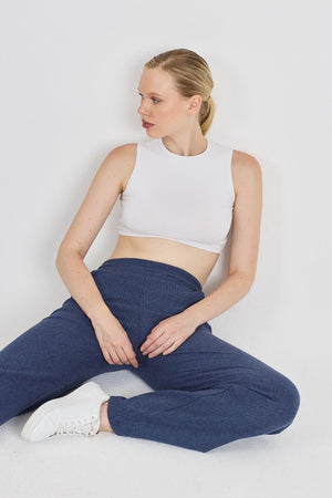 İndigo Fitilli Geniş Paça Kaşkorse Yüksek Bel Cepli Kadın Eşofman Altı - MMETALIC