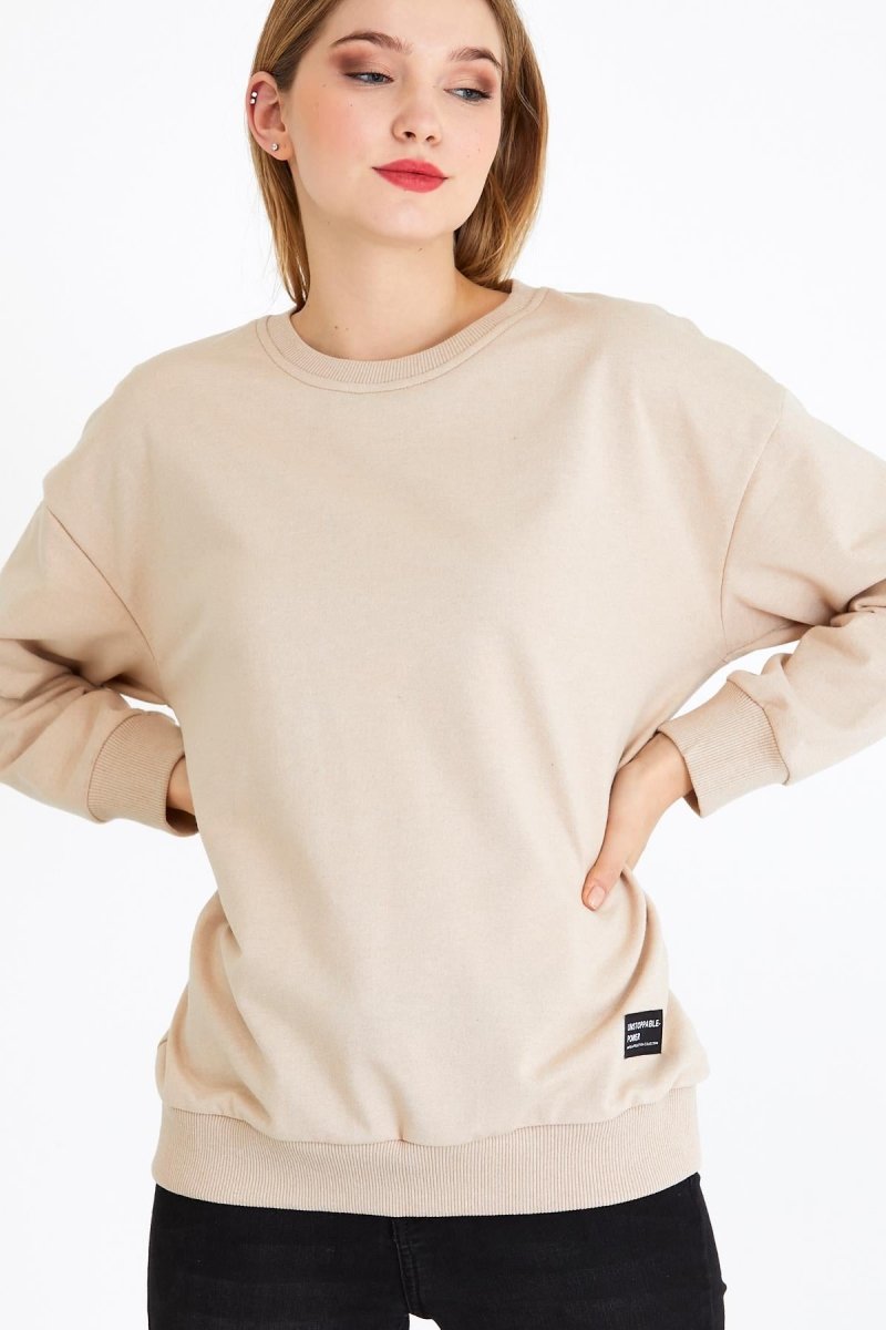 Kadın Bej Renk Basic Bisiklet Yaka Sweatshirt - MMETALIC