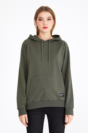 Kadın Haki Renk Kapüşonlu Basic Örme Sweatshirt - MMETALIC