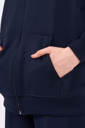 Kadın Lacivert Normal Kalıp Basic Beli Lastikli Kapüşonlu Oversize Mevsimlik Alt Üst Eşofman Takımı - MMETALIC