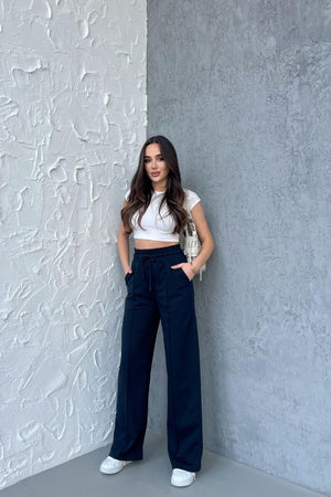 Kadın Mevsimlik Salaş Geniş Paça Yüksek Bel Lacivert Eşofman Altı - MMETALIC