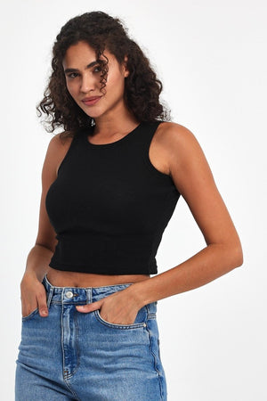 Kadın Siyah Fitilli Görünümlü Askılı Kalın Esnek Örme Basic Crop Atlet - MMETALIC