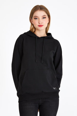 Kadın Siyah Kapüşonlu Basic Örme Sweatshirt - MMETALIC