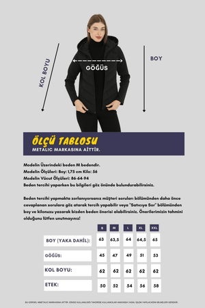 Kadın Siyah Kapüşonlu Cepli Rahat Termal Kontrast Şişme Mont - MMETALIC