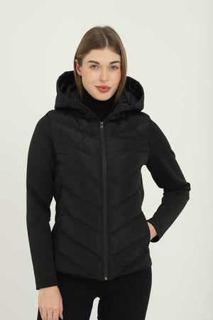 Kadın Siyah Kapüşonlu Cepli Rahat Termal Kontrast Şişme Mont - MMETALIC