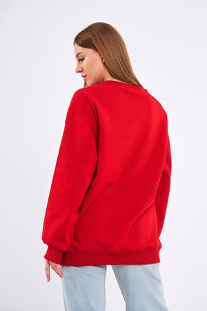 Kırmızı Kadın Pamuklu Oversize Basic Bisiklet Yaka Sweatshirt - MMETALIC