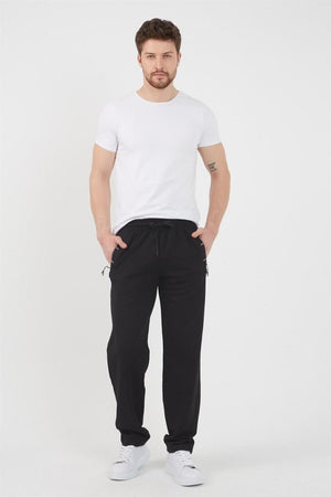 Siyah Erkek Fermuar Cep Nakış Detaylı Düz Paça Rahat Kesim Eşofman Altı MTLCO05 - MMETALIC