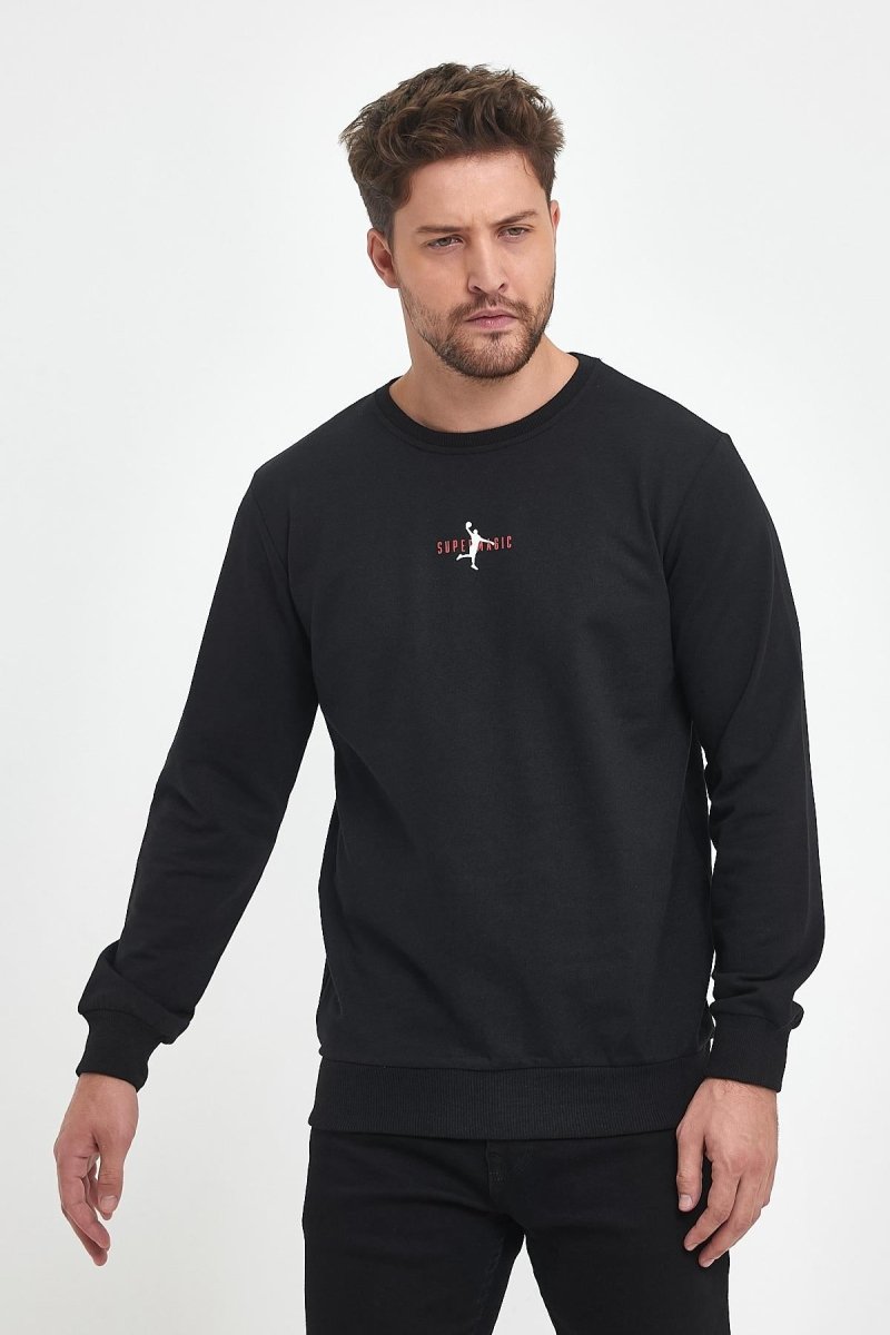Siyah Erkek Supermagic Göğüs Baskılı Basic Sweatshirt - MMETALIC
