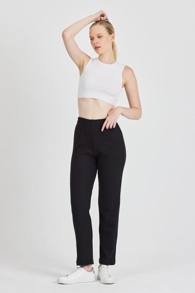 Siyah Fitilli Geniş Paça Pamuklu İnce Yüksek Bel Kadın Eşofman Altı - MMETALIC