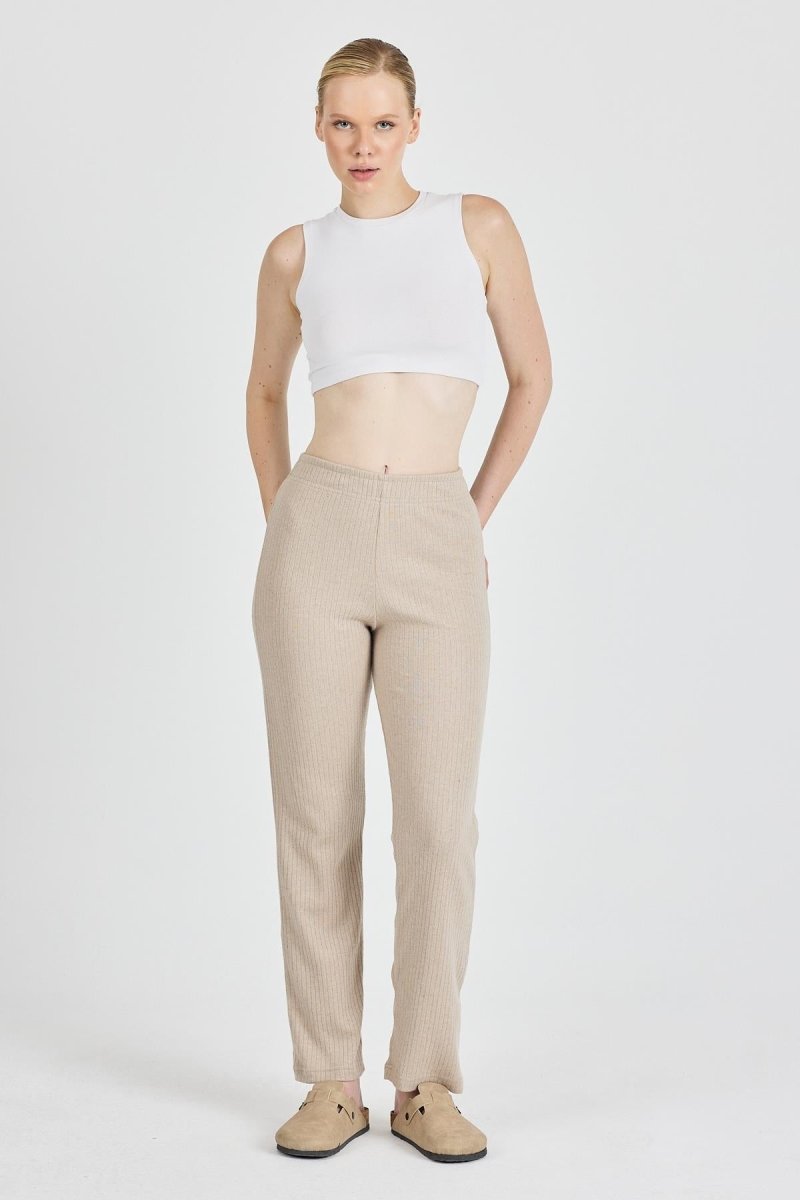 Vizon Fitilli Geniş Paça Pamuklu İnce Yüksek Bel Kadın Eşofman Altı - MMETALIC