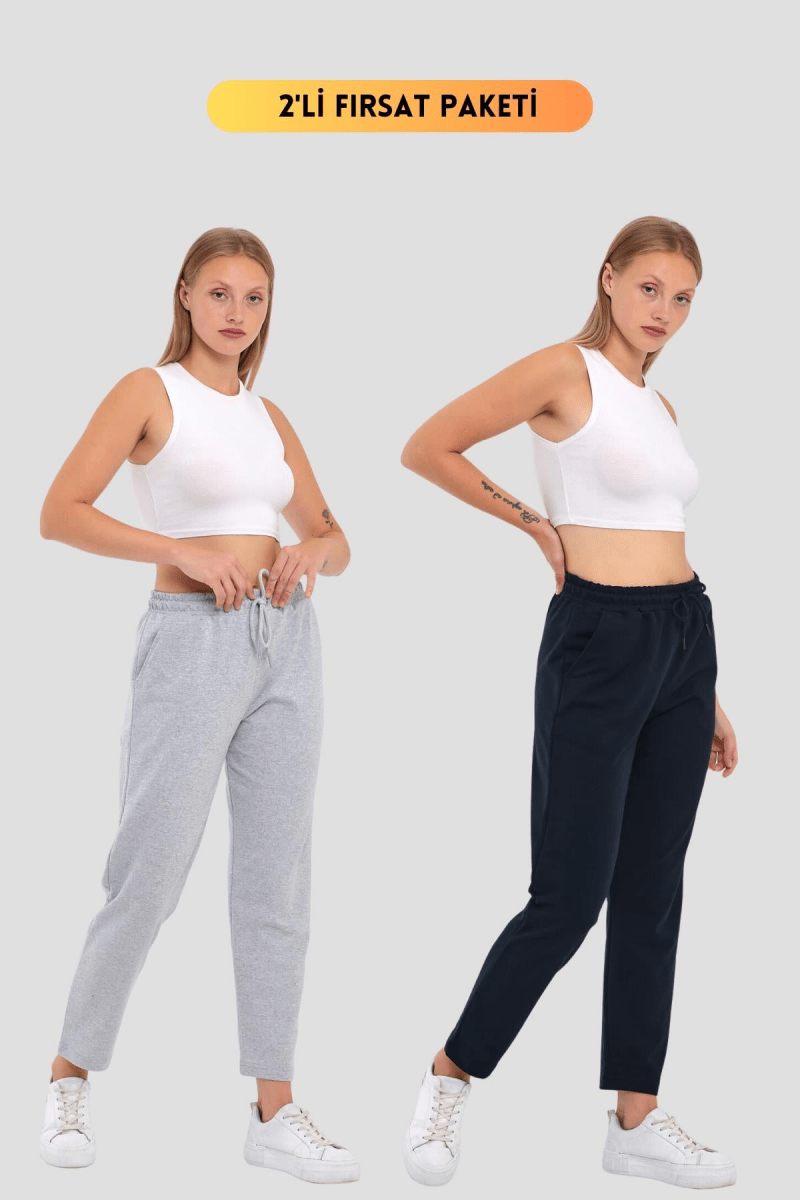 2'li Kadın Lacivert Klasik Cepli Eşofman Altı - MMETALIC