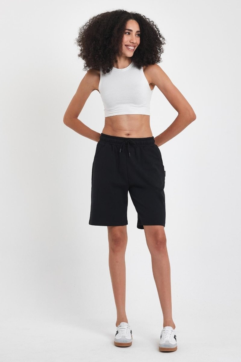 2'li Kadın Rahat Kesim Beli Lastikli Mevsimlik Yumuşak Kumaş Cepli Siyah - Gri Uzun Bermuda Şort - MMETALIC